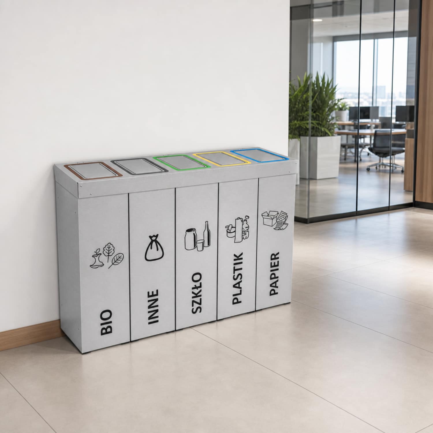 Stacja do segregacji odpad&oacute;w DENEB 5 &times; 50 L w nowoczesnym biurze &ndash; pięciokomorowy kosz do segregacji